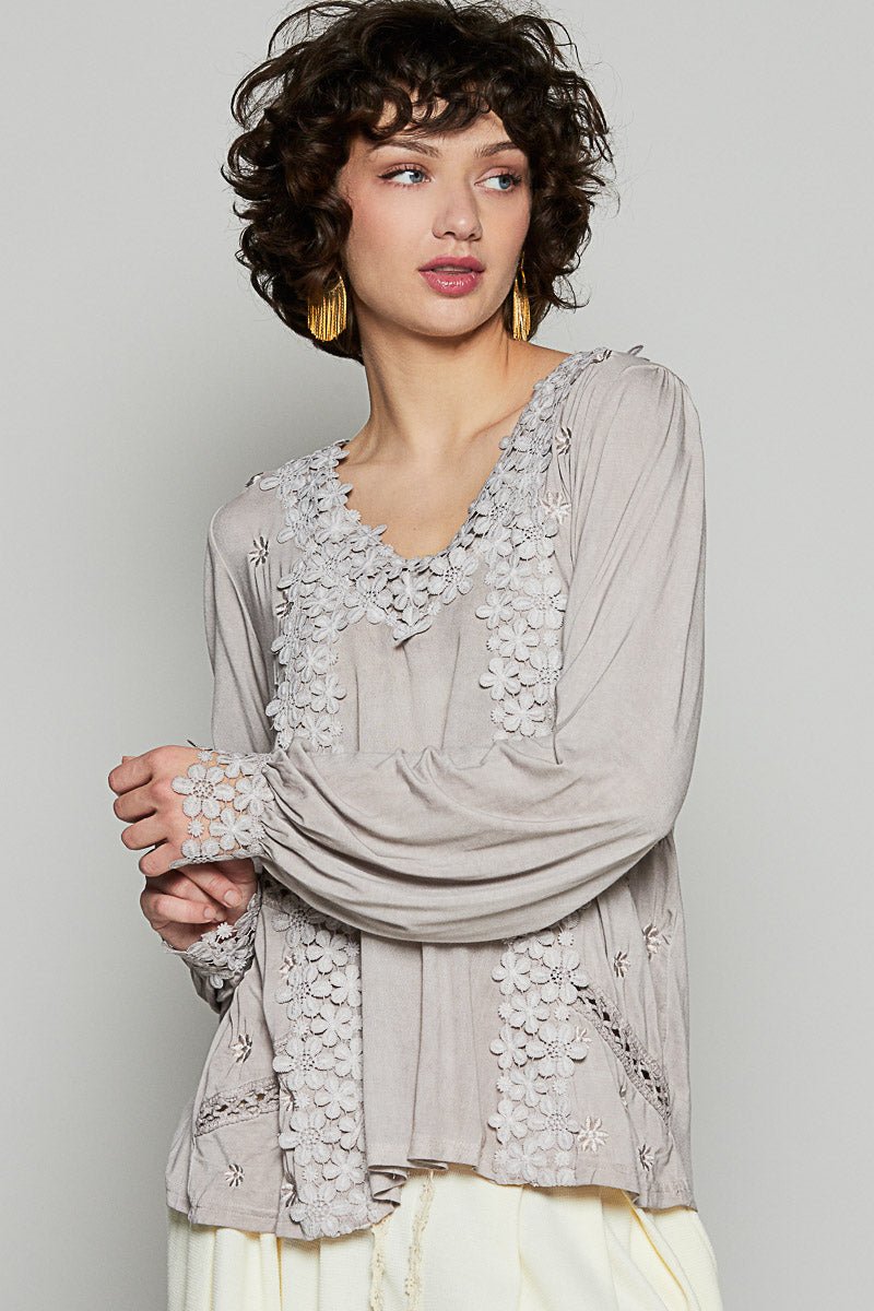 Contrast Floral Lace Crochet V - Neck Top - Chandeliers Boutique ny