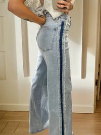 Contrast Stripe Frayed Side Panel Jeans - Chandeliers Boutique ny
