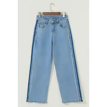 Contrast Stripe Frayed Side Panel Jeans - Chandeliers Boutique ny