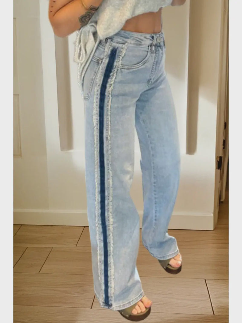 Contrast Stripe Frayed Side Panel Jeans - Chandeliers Boutique ny