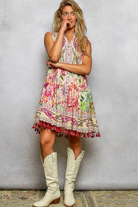 Cotton Button Closure Floral Tassel Bead Dress - Chandeliers Boutique ny