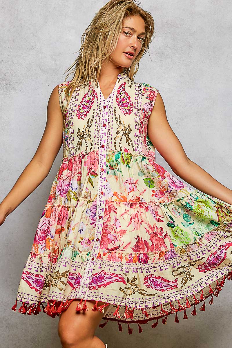 Cotton Button Closure Floral Tassel Bead Dress - Chandeliers Boutique ny