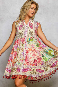 Cotton Button Closure Floral Tassel Bead Dress - Chandeliers Boutique ny