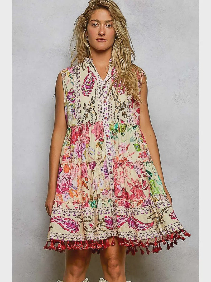 Cotton Button Closure Floral Tassel Bead Dress - Chandeliers Boutique ny