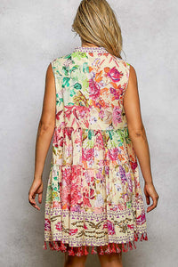 Cotton Button Closure Floral Tassel Bead Dress - Chandeliers Boutique ny
