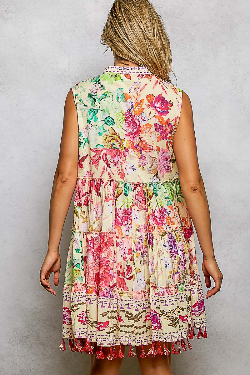 Cotton Button Closure Floral Tassel Bead Dress - Chandeliers Boutique ny