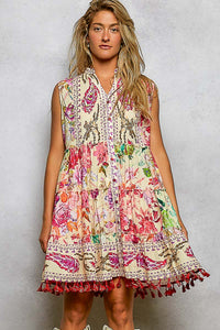 Cotton Button Closure Floral Tassel Bead Dress - Chandeliers Boutique ny