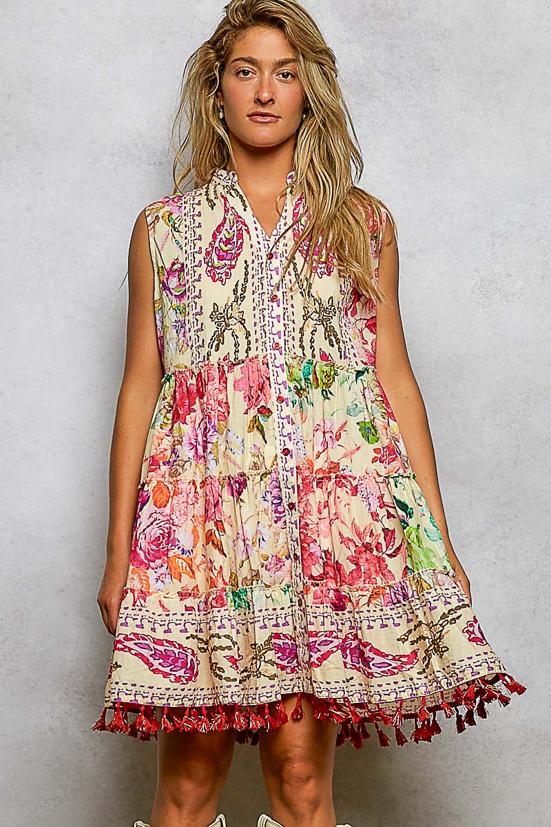 Cotton Button Closure Floral Tassel Bead Dress - Chandeliers Boutique ny