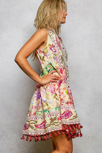 Cotton Button Closure Floral Tassel Bead Dress - Chandeliers Boutique ny