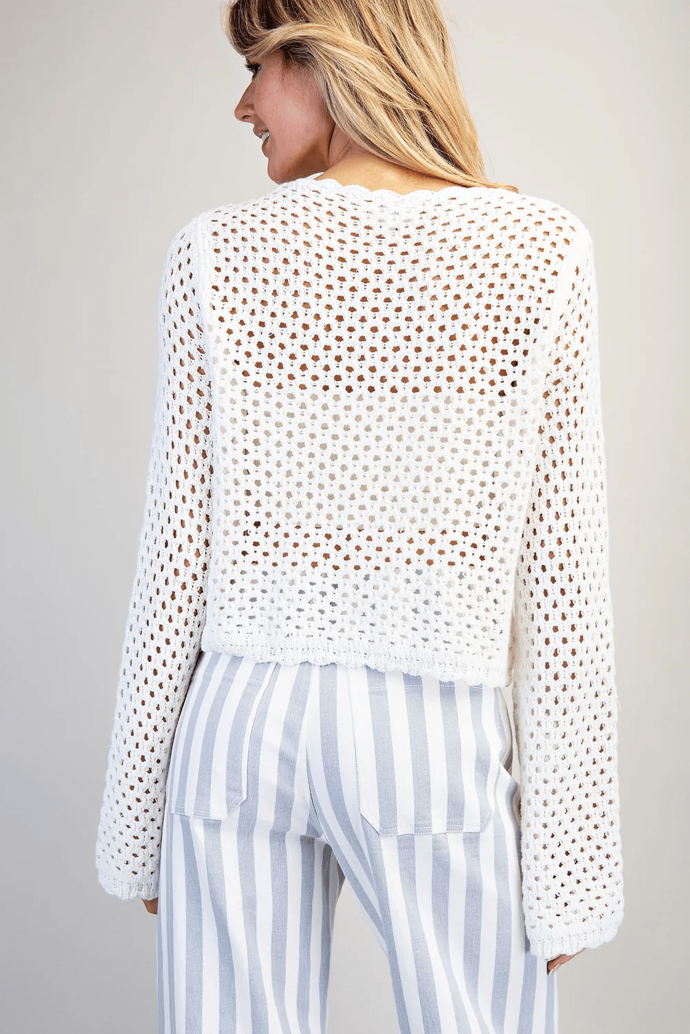 Crochet Open Knit Scallop Trim Sweater - Chandeliers Boutique ny