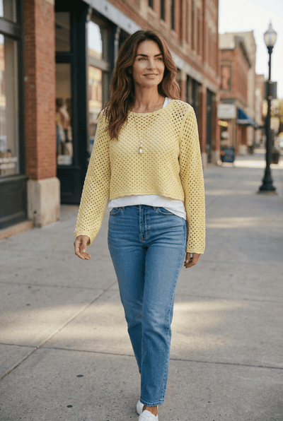 Crochet Open Knit Scallop Trim Sweater - Chandeliers Boutique ny