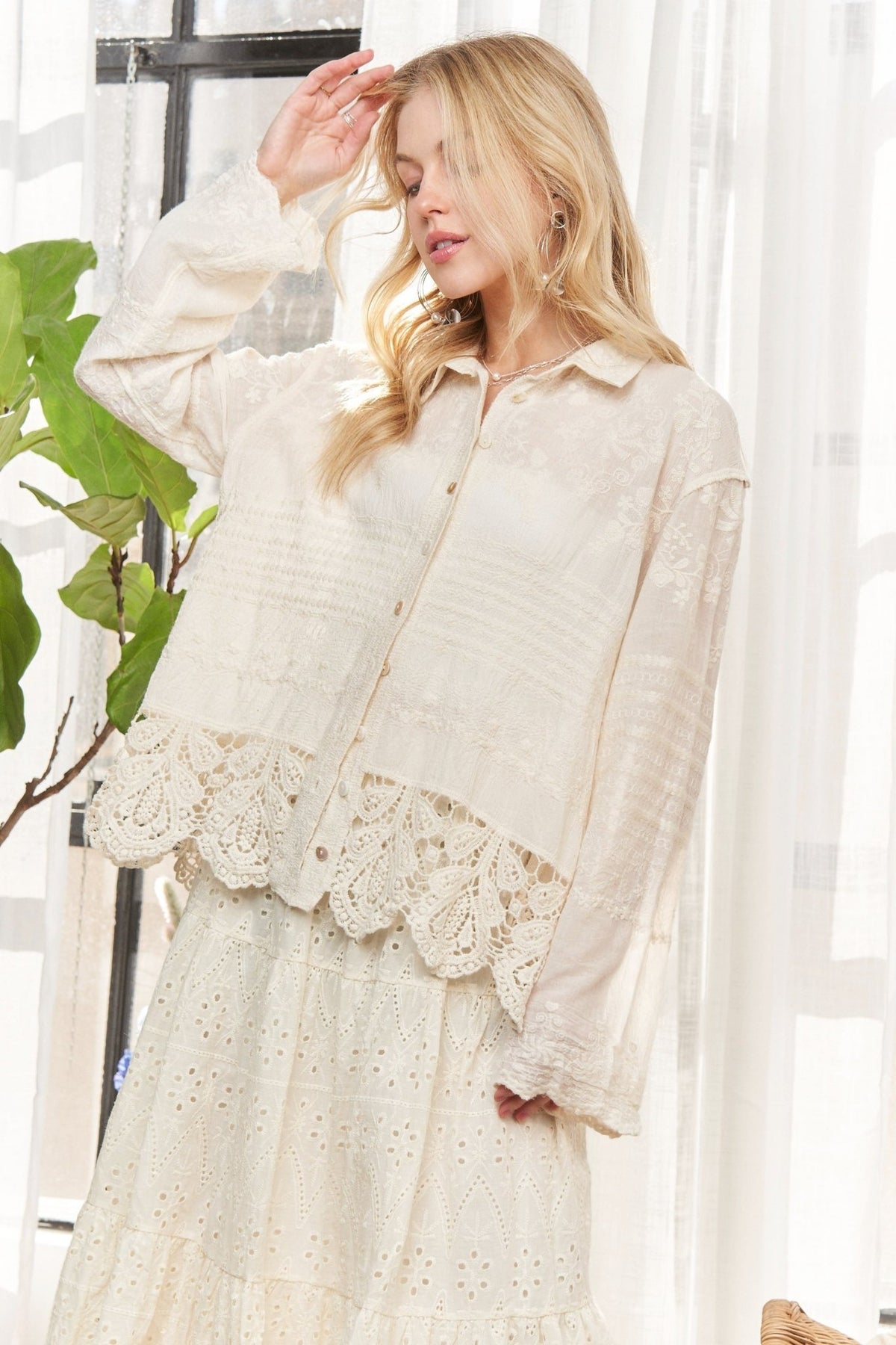 Crochet Scallop Hems Shirt - Chandeliers Boutique ny