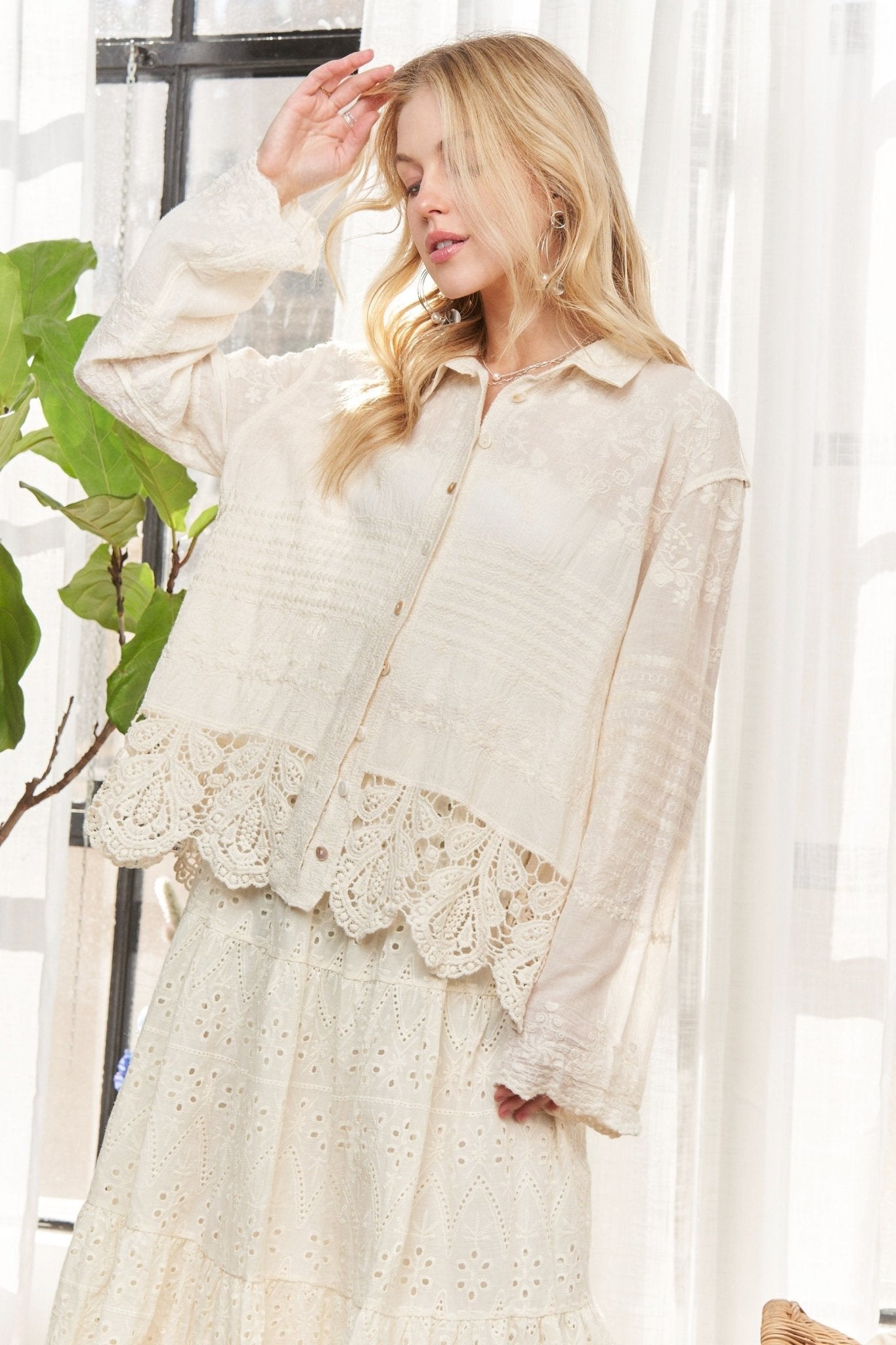 Crochet Scallop Hems Shirt - Chandeliers Boutique ny