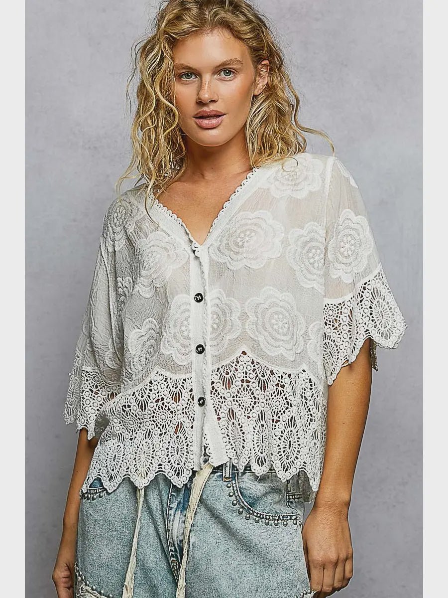 Crochet Trim Neckline Short Sleeve Jacket Top - Chandeliers Boutique ny