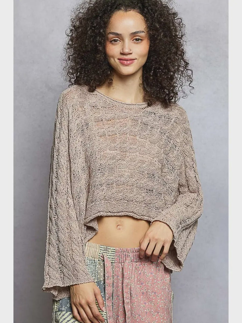 Cropped Long Sleeve Twisted Cable Solid Top - Chandeliers Boutique ny