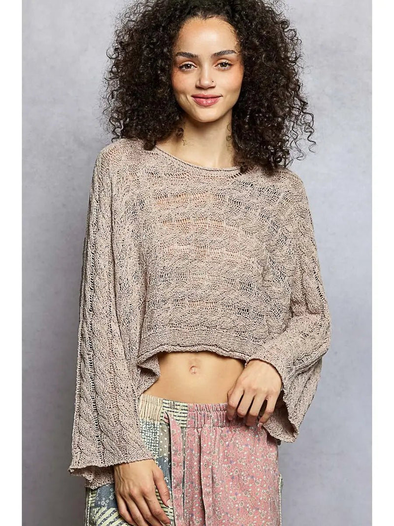 Cropped Long Sleeve Twisted Cable Solid Top - Chandeliers Boutique ny