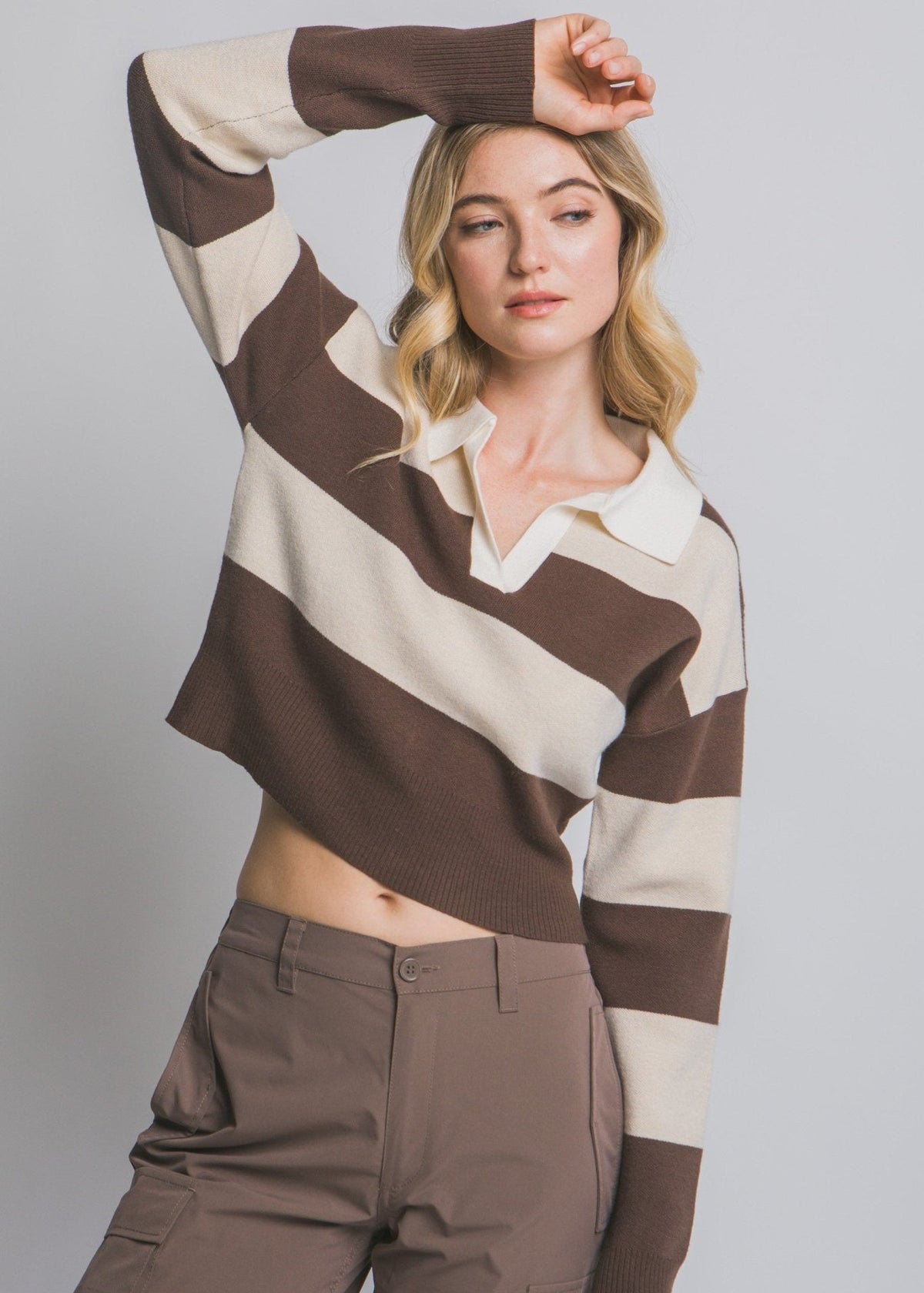 Cropped V Neck Collared Sweater - Chandeliers Boutique ny