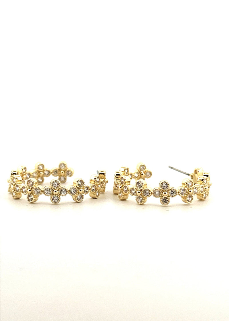 CZ Hoop Earrings - Gold Tone Clover Design Cubic Zirconia Hoops - Chandeliers Boutique ny