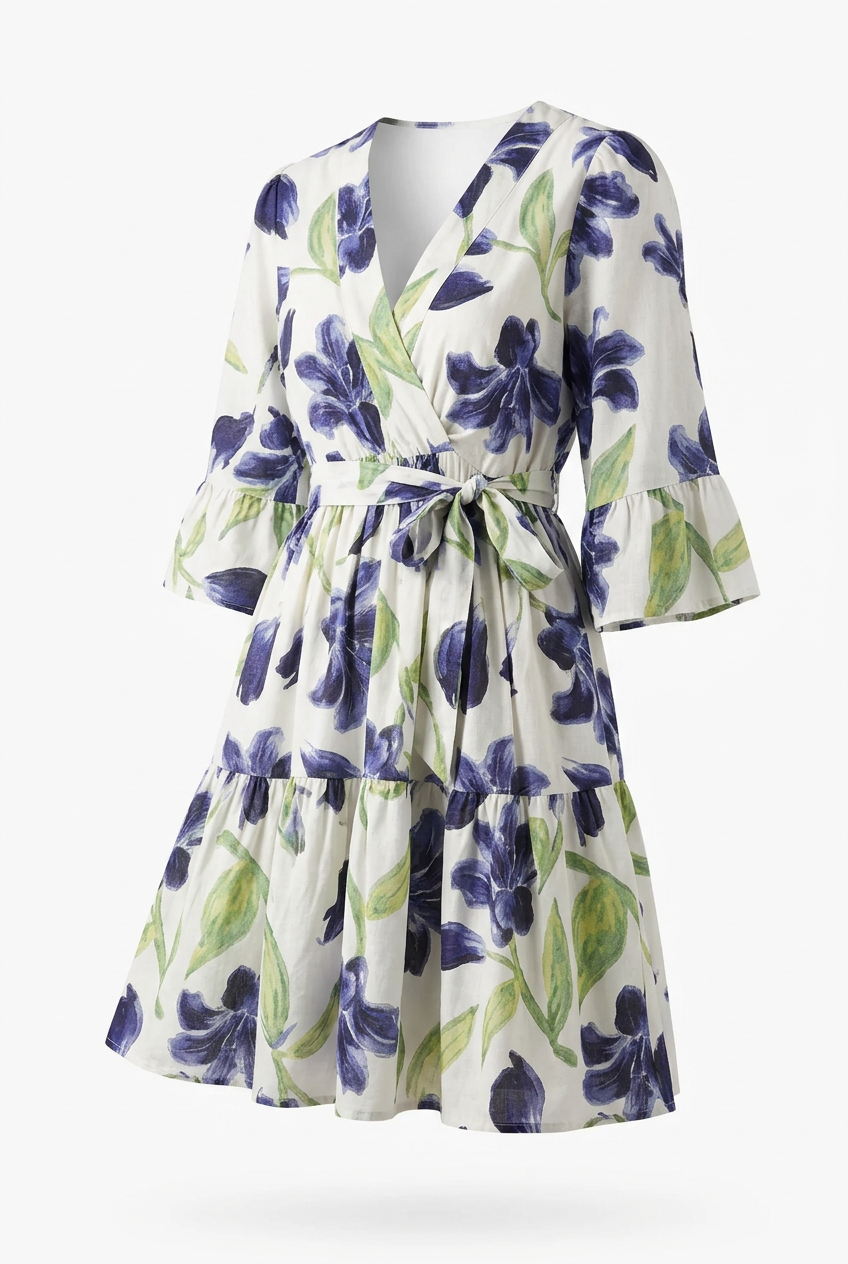 3/4 Sleeve Linen Floral Summer Dress