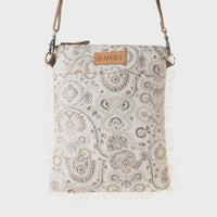 Trending  Loom Tapestry Upcycled Canvas Crossbody  Sage  Fringe Detail