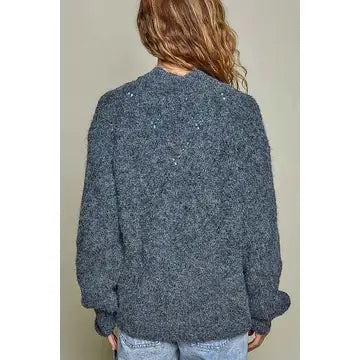 Fuzzy Knit Pointelle Ribbed Trim Cardigan