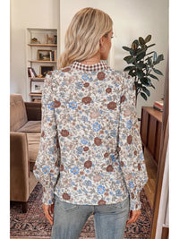 Plaid Frilled Trim Floral Mock Neck Blouse