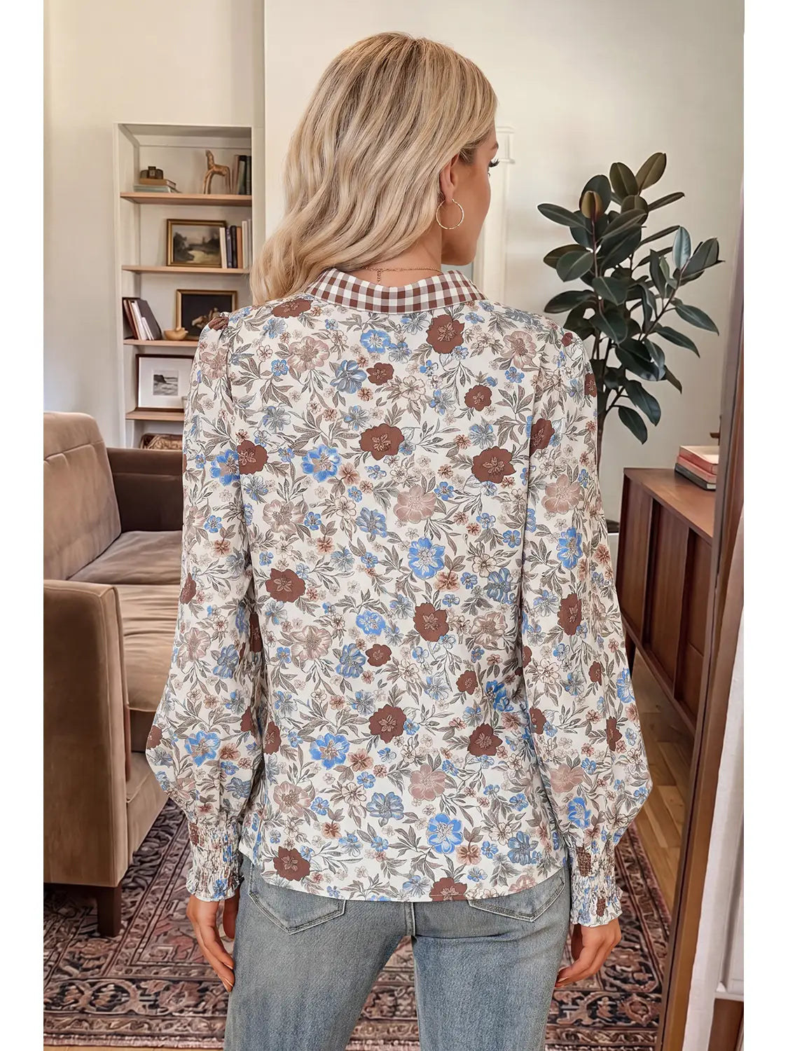 Plaid Frilled Trim Floral Mock Neck Blouse