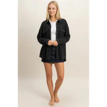 Mineral Wash Waffle Knit Button-Up Shacket