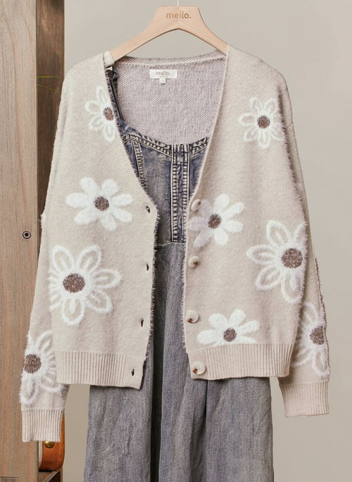 Daisy Patterned Fuzzy Knit Cardigan - Chandeliers Boutique ny