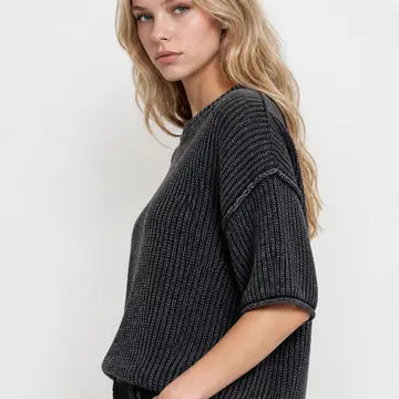 Washed Crew Neck Raw Edge Short Sleeve Sweater