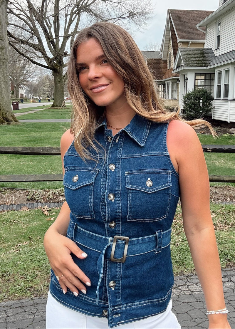 Denim Belted Button - down Top - Chandeliers Boutique ny