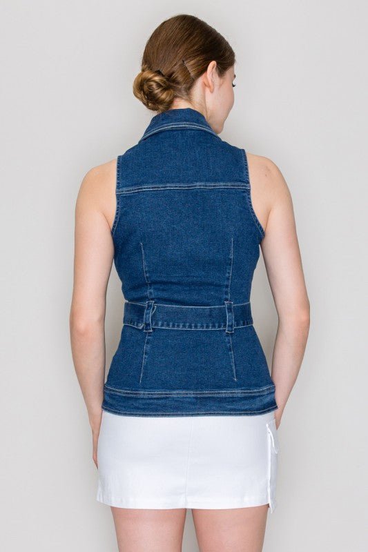 Denim Belted Button - down Top - Chandeliers Boutique ny