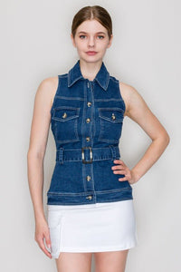 Denim Belted Button - down Top - Chandeliers Boutique ny