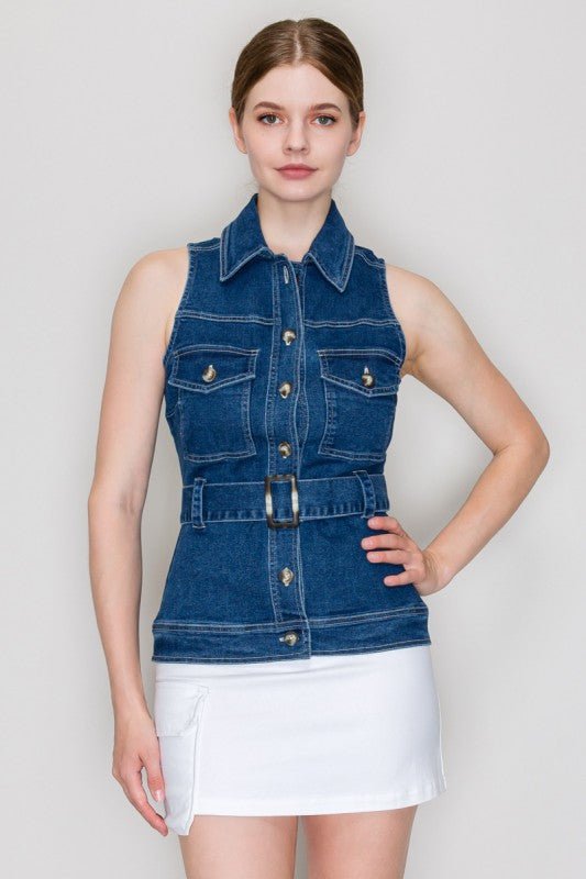 Denim Belted Button - down Top - Chandeliers Boutique ny