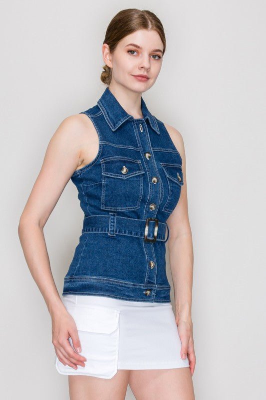 Denim Belted Button - down Top - Chandeliers Boutique ny