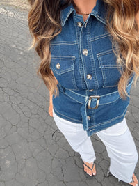 Denim Belted Button - down Top - Chandeliers Boutique ny