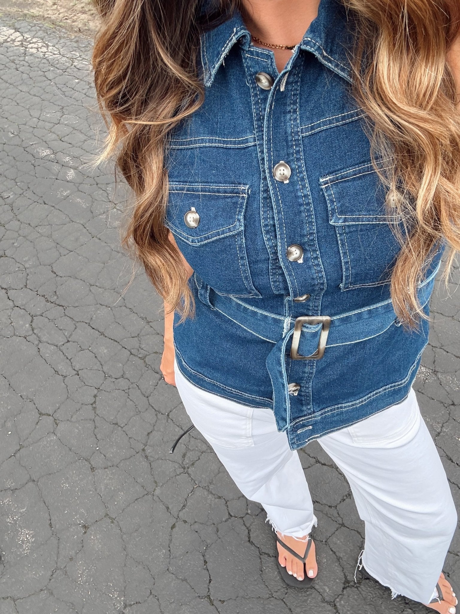 Denim Belted Button - down Top - Chandeliers Boutique ny
