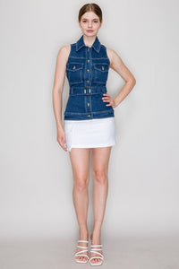 Denim Belted Button - down Top - Chandeliers Boutique ny