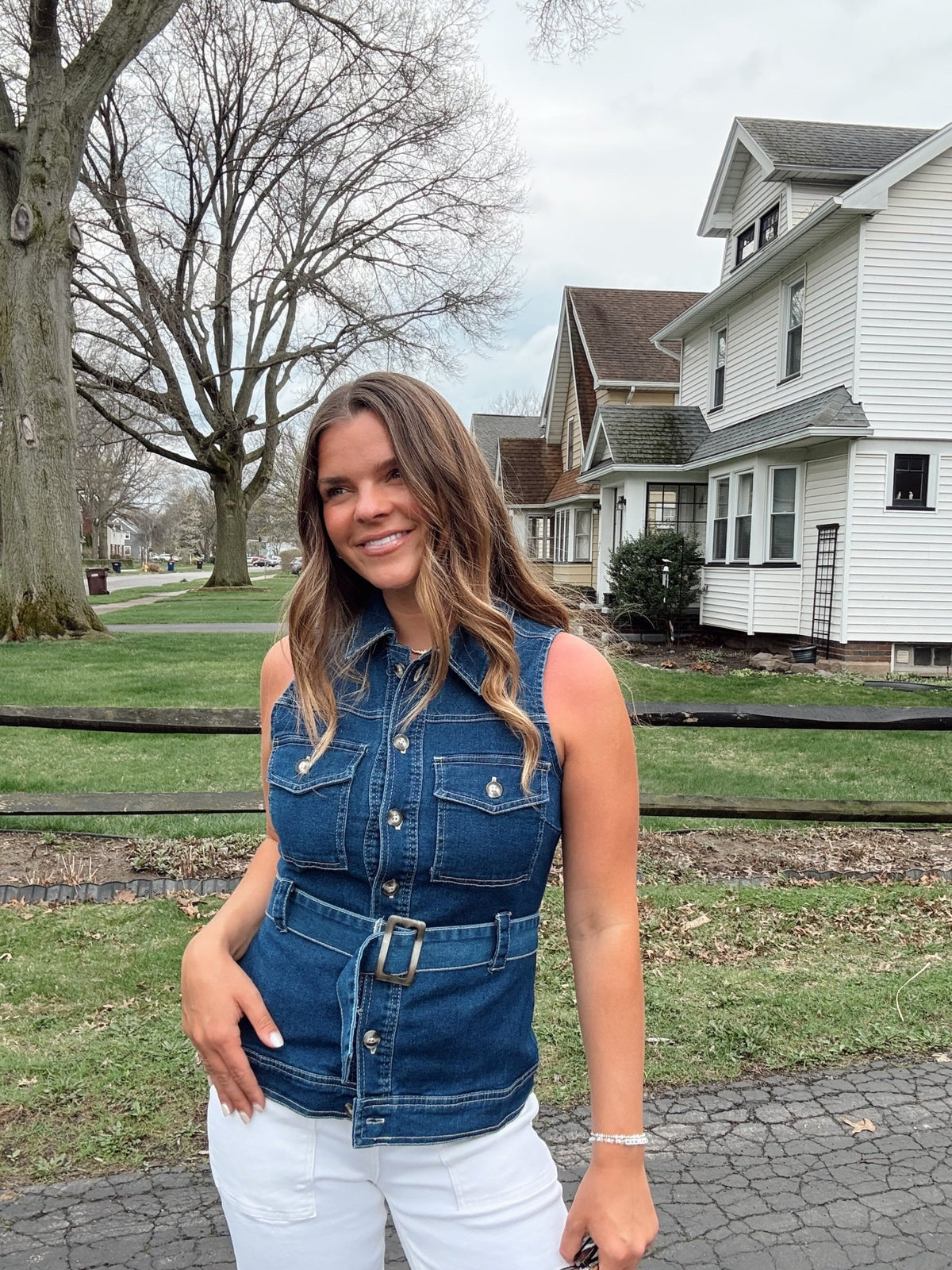 Denim Belted Button - down Top - Chandeliers Boutique ny