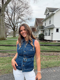 Denim Belted Button - down Top - Chandeliers Boutique ny