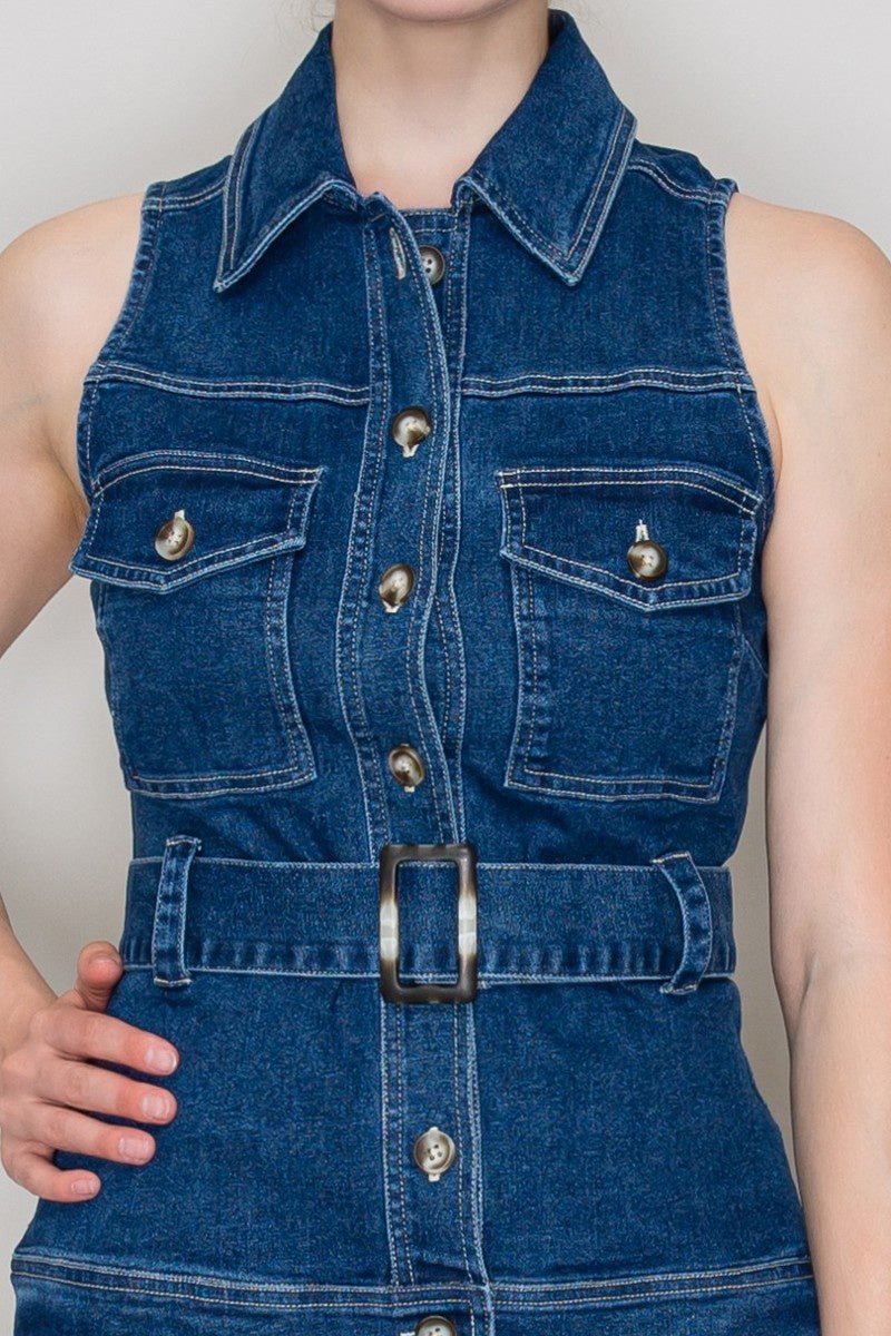 Denim Belted Button - down Top - Chandeliers Boutique ny