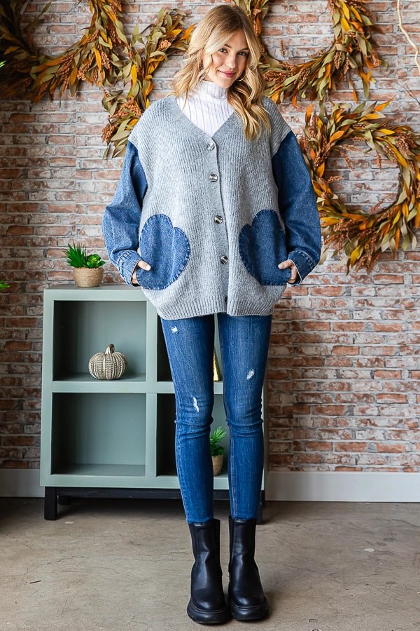 Denim Contrast Heart Shaped Cardigan - Chandeliers Boutique ny