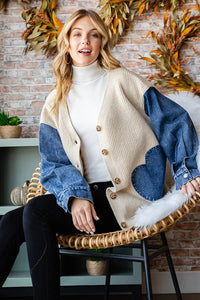 Denim Contrast Heart Shaped Cardigan - Chandeliers Boutique ny