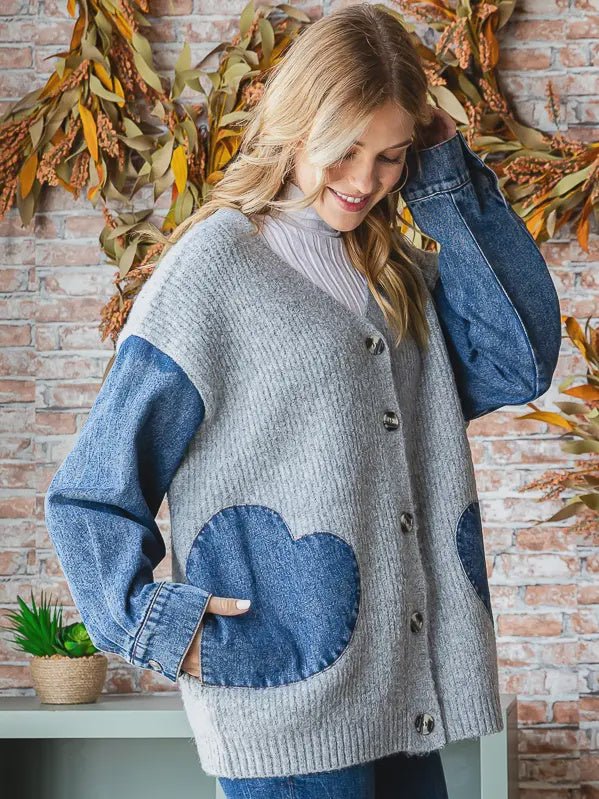 Denim Contrast Heart Shaped Cardigan - Chandeliers Boutique ny