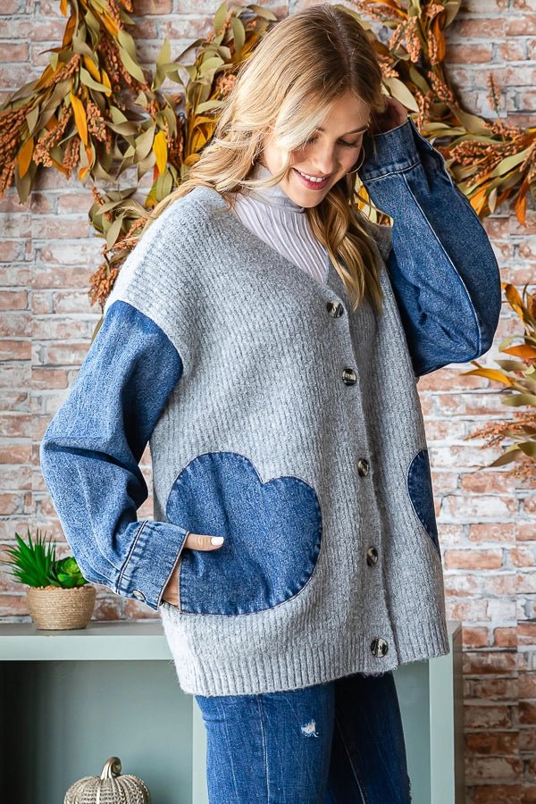 Denim Contrast Heart Shaped Cardigan - Chandeliers Boutique ny