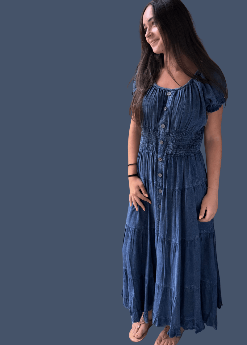 Denim Peasant Dress - Chandeliers Boutique ny