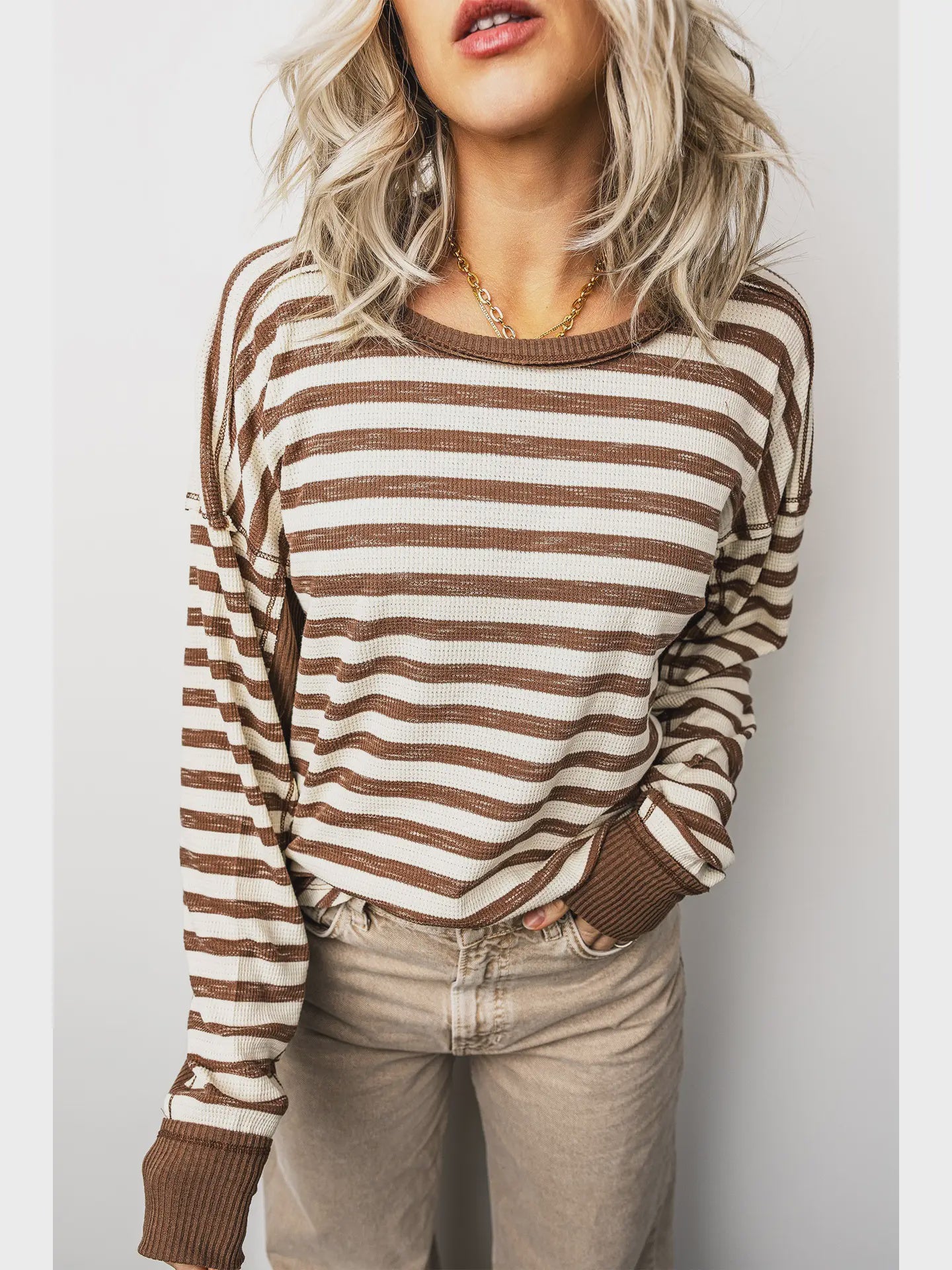 Striped Patchwork Long Sleeve Round Neck Top