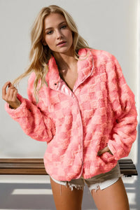 Double Take Checkered Long Sleeve Fuzzy Jacket - Chandeliers Boutique ny