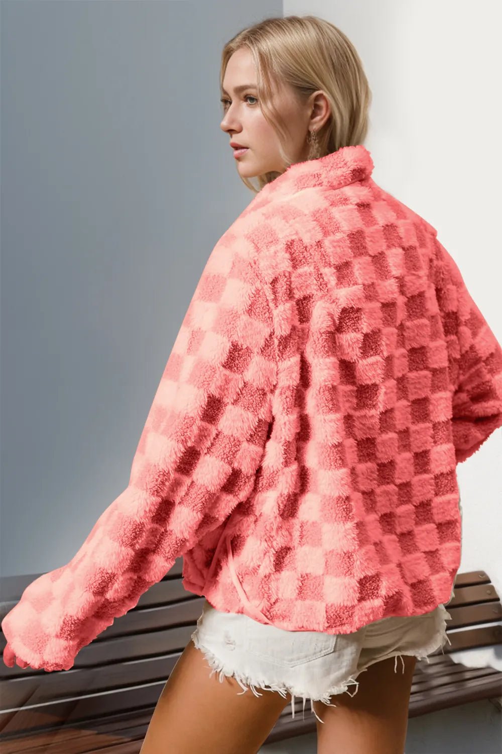 Double Take Checkered Long Sleeve Fuzzy Jacket - Chandeliers Boutique ny