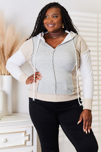 Double Take Color Block Exposed Seam Drawstring Hoodie - Chandeliers Boutique ny